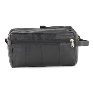 Men's Genuine Leather Double Zipper Top Shaving Kit Toiletry Travel Case Black